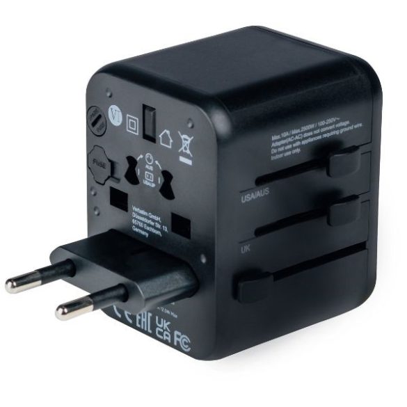 Verbatim UTA-01 utazó adapter EU/UK/US 2xUSB-A - fekete