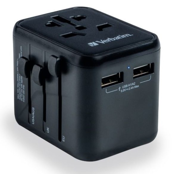 Verbatim UTA-01 utazó adapter EU/UK/US 2xUSB-A - fekete