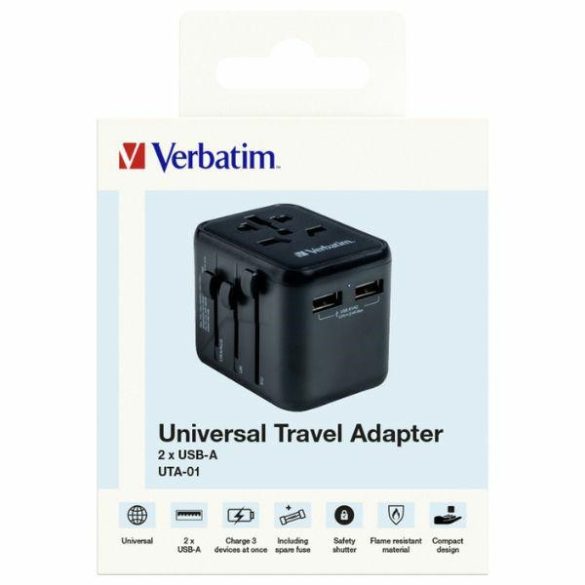 Verbatim UTA-01 utazó adapter EU/UK/US 2xUSB-A - fekete