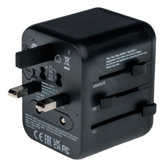 Verbatim UTA-02 utazó adapter EU/UK/US 2xUSB-A/USB-C PD 20W - fekete