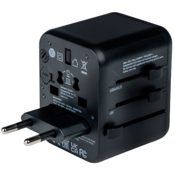 Verbatim UTA-02 utazó adapter EU/UK/US 2xUSB-A/USB-C PD 20W - fekete