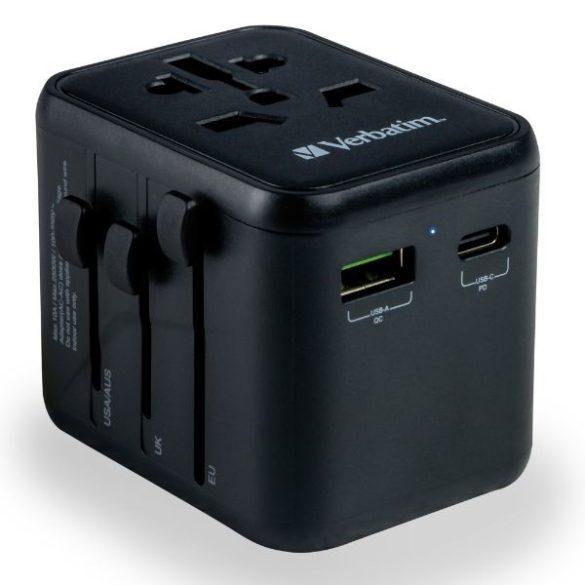 Verbatim UTA-02 utazó adapter EU/UK/US 2xUSB-A/USB-C PD 20W - fekete