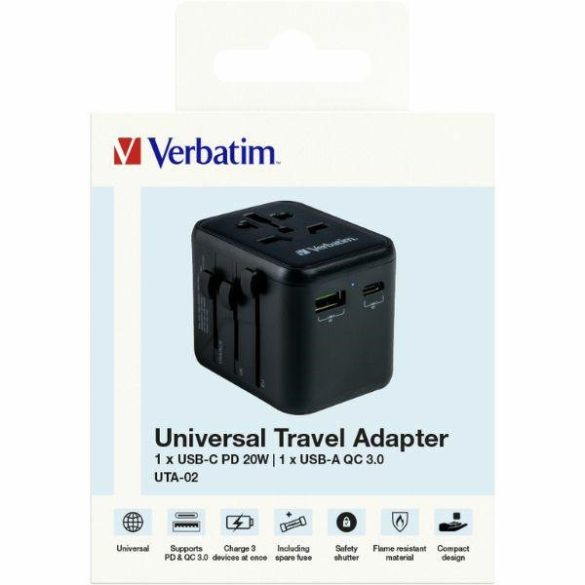 Verbatim UTA-02 utazó adapter EU/UK/US 2xUSB-A/USB-C PD 20W - fekete