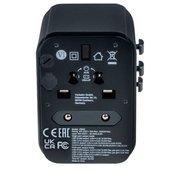 Verbatim UTA-03 utazó adapter EU/UK/US 2xUSB-A/2xUSB-C PD 30W - fekete