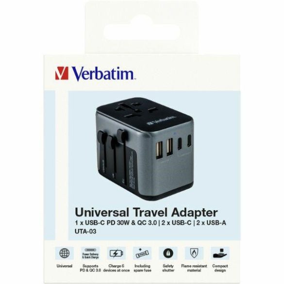 Verbatim UTA-03 utazó adapter EU/UK/US 2xUSB-A/2xUSB-C PD 30W - fekete