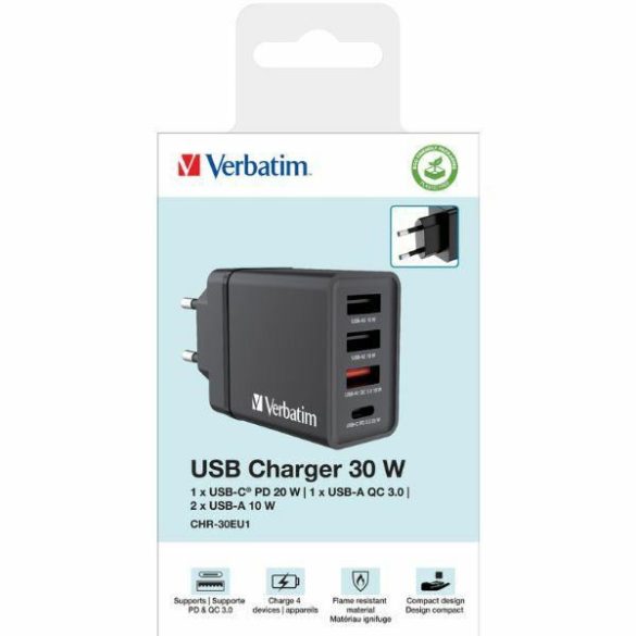 Verbatim CHR-30EU2 hálózati töltő 3xUSB-A és 1xUSB-C csatlakozással 30W PD 3.0 - fekete