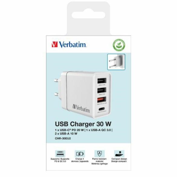 Verbatim CHR-30EU2 hálózati töltő 3xUSB-A és 1xUSB-C csatlakozással 30W PD 3.0 - fehér