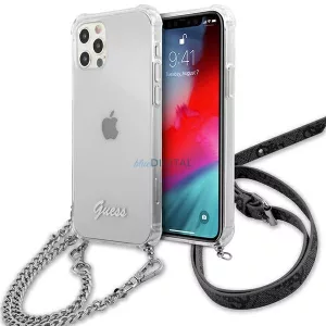 Guess GUHCP12MKC4GSSI iPhone 12/12 Pro 6,1" átlátszó keménytok 4G ezüst lánccal