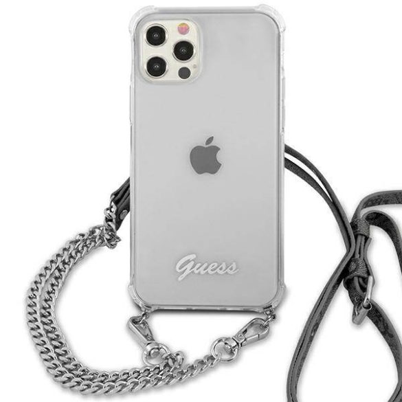 Guess GUHCP12MKC4GSSI iPhone 12/12 Pro 6,1" átlátszó keménytok 4G ezüst lánccal