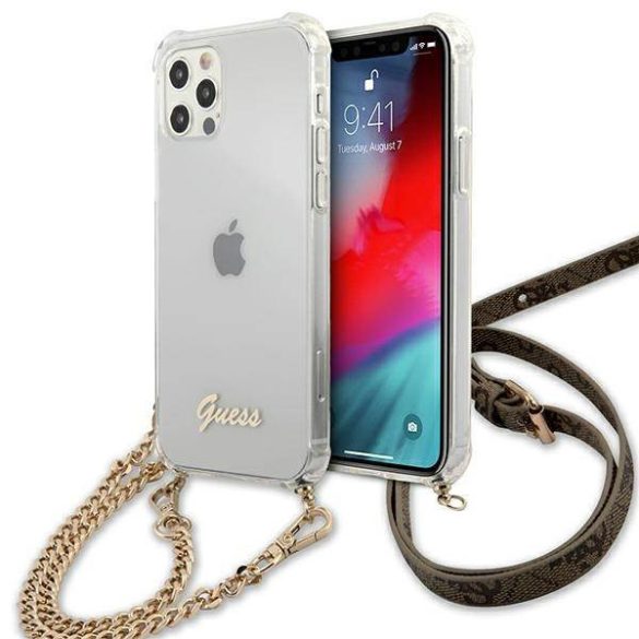 Guess GUHCP12MKC4GSGO iPhone 12/12 Pro 6,1" átlátszó keménytok 4G arany lánccal