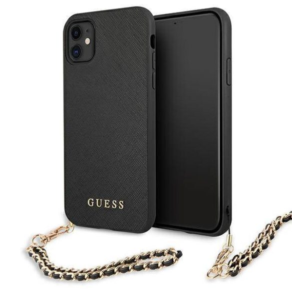 Guess GUHCN61SASGBK iPhone 11 6,1" / Xr fekete Saffiano keménytok lánccal