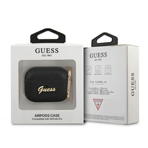 Guess GUAPSASMK AirPods Pro fekete Saffiano Script Metal Collection tok