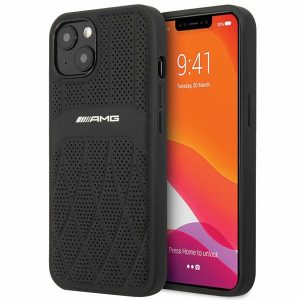 AMG AMHCP13MOSDBK iPhone 13 / 14 / 15 6.1" fekete keménytok bőr ívelt vonalakkal