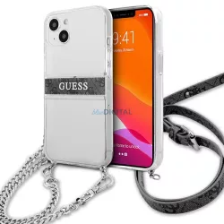   Guess GUHCP13SKC4GBSI iPhone 13 mini 5,4" átlátszó keménytok 4G szürke szíjjal ezüst lánccal
