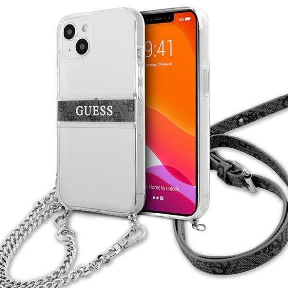 Guess GUHCP13SKC4GBSI iPhone 13 mini 5,4" átlátszó keménytok 4G szürke szíjjal ezüst lánccal