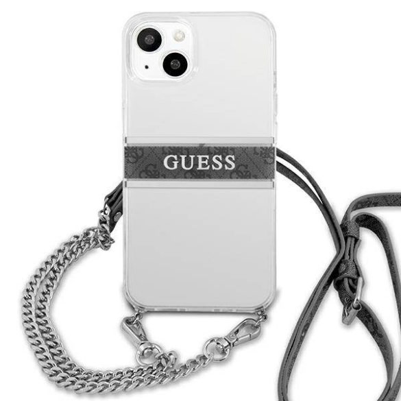 Guess GUHCP13SKC4GBSI iPhone 13 mini 5,4" átlátszó keménytok 4G szürke szíjjal ezüst lánccal