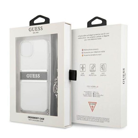 Guess GUHCP13SKC4GBSI iPhone 13 mini 5,4" átlátszó keménytok 4G szürke szíjjal ezüst lánccal