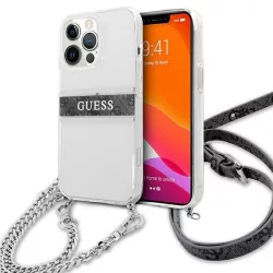   Guess GUHCP13LKC4GBSI iPhone 13 Pro / 13 6,1" átlátszó keménytok 4G szürke szíjjal és ezüst lánccal