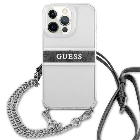 Guess GUHCP13LKC4GBSI iPhone 13 Pro / 13 6,1" átlátszó keménytok 4G szürke szíjjal és ezüst lánccal