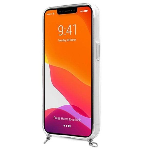 Guess GUHCP13LKC4GBSI iPhone 13 Pro / 13 6,1" átlátszó keménytok 4G szürke szíjjal és ezüst lánccal