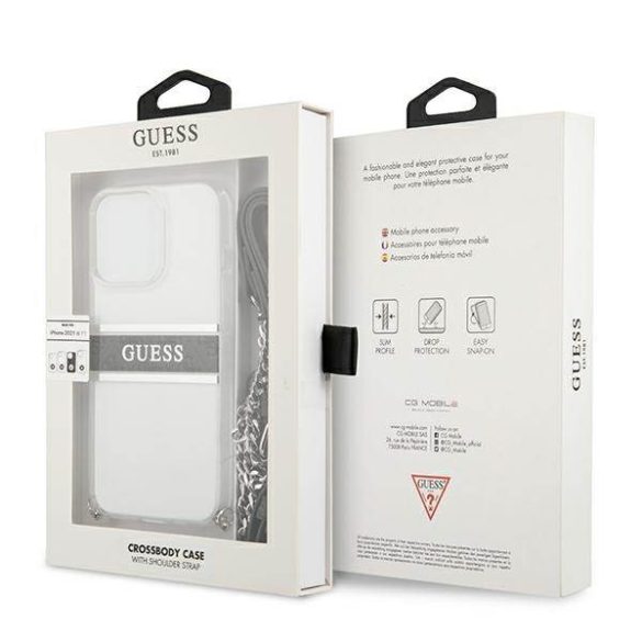 Guess GUHCP13LKC4GBSI iPhone 13 Pro / 13 6,1" átlátszó keménytok 4G szürke szíjjal és ezüst lánccal