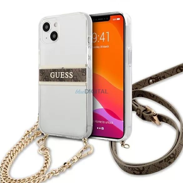 Guess GUHCP13SKC4GBGO iPhone 13 mini 5,4" átlátszó keménytok 4G barna szíjjal arany lánccal