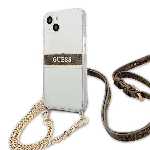 Guess GUHCP13SKC4GBGO iPhone 13 mini 5,4" átlátszó keménytok 4G barna szíjjal arany lánccal