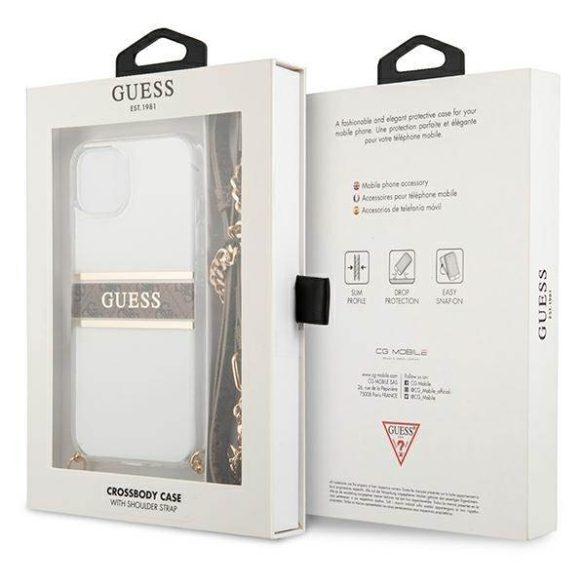Guess GUHCP13SKC4GBGO iPhone 13 mini 5,4" átlátszó keménytok 4G barna szíjjal arany lánccal