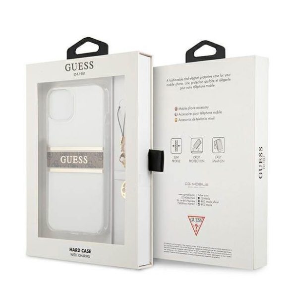 Guess GUHCP13SKB4GBR iPhone 13 mini 5,4" átlátszó 4G barna Strap Charm keménytok