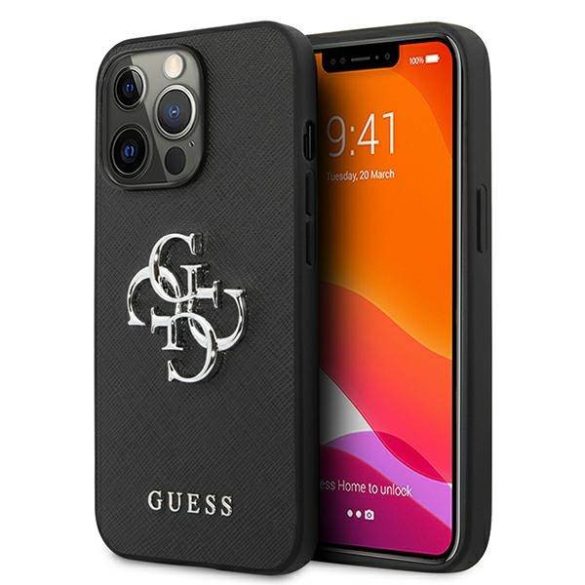 Guess GUHCP13LSA4GSBK iPhone 13 Pro/13 6,1" fekete Saffiano 4G fém logós keménytok