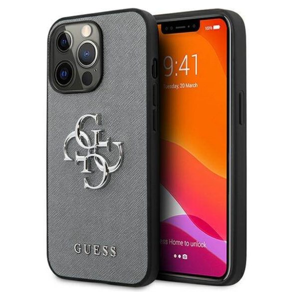 Guess GUHCP13LSA4GSGR iPhone 13 Pro / 13 6,1" szürke Saffiano 4G fém logós keménytok