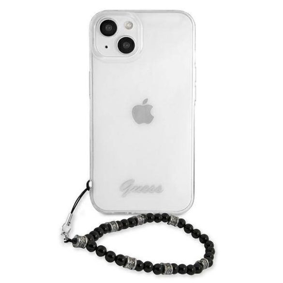 Guess GUHCP13MKPSBK iPhone 13 / 14 / 15 6.1" átlátszó keménytok fekete gyöngyös pánttal