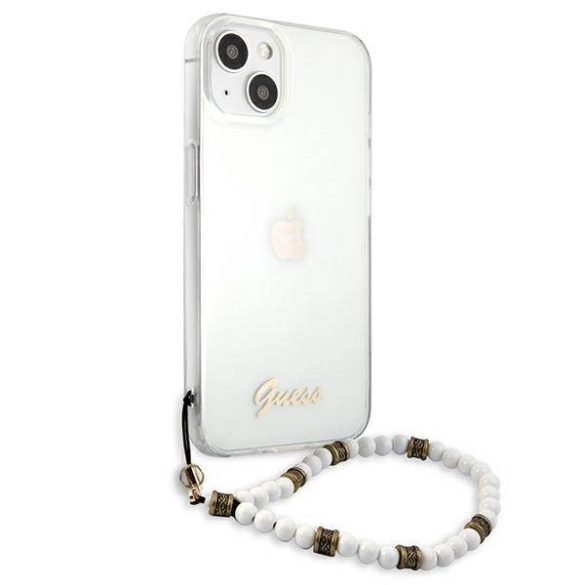 Guess GUHCP13MKPSWH iPhone 13 / 14 / 15 6.1" átlátszó keménytok fehér gyöngyös pánt