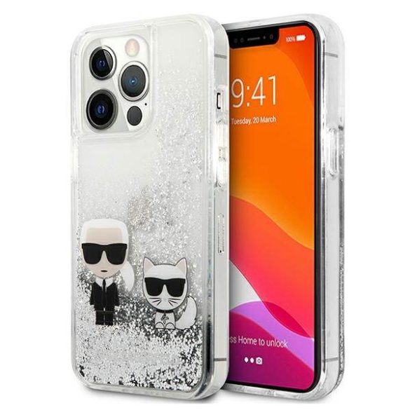 Karl Lagerfeld KLHCP13LGKCS Karl&Choupette keménytok iPhone 13 Pro / 13 - ezüst folyékony csillogó kristályos