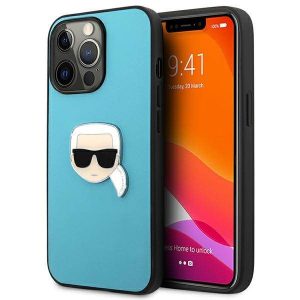 Karl Lagerfeld KLHCP13LPKMB iPhone 13 Pro / 13 6,1" kék bőr keménytok ikonikus fém Karl Lagerfeld fej