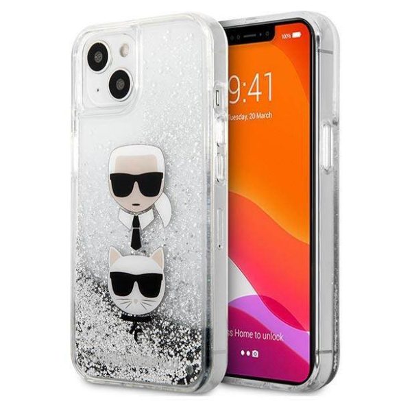 Karl Lagerfeld KLHCP13SKICGLS iPhone 13 mini 5,4" ezüst folyékony csillogó kristályos keménytok Karl&Choupette fej