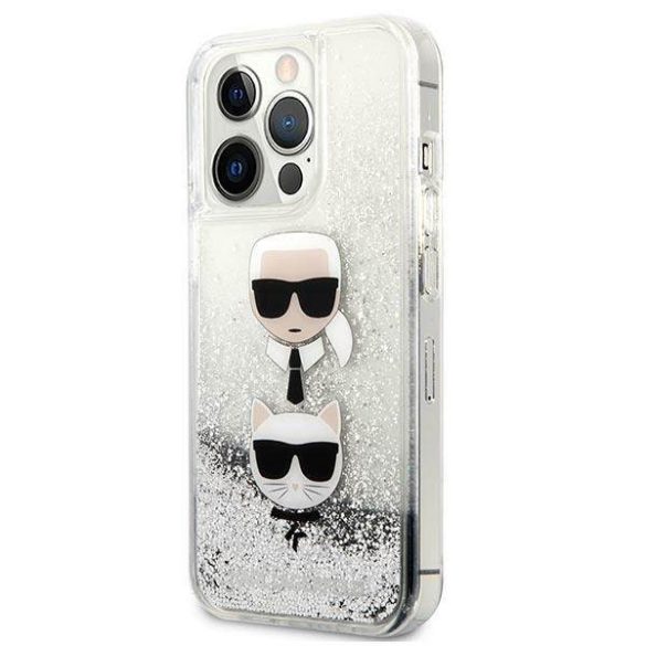 Karl Lagerfeld KLHCP13LKICGLS iPhone 13 Pro / 13 6,1" ezüst folyékony csillogó kristályos keménytok Karl&Choupette fej