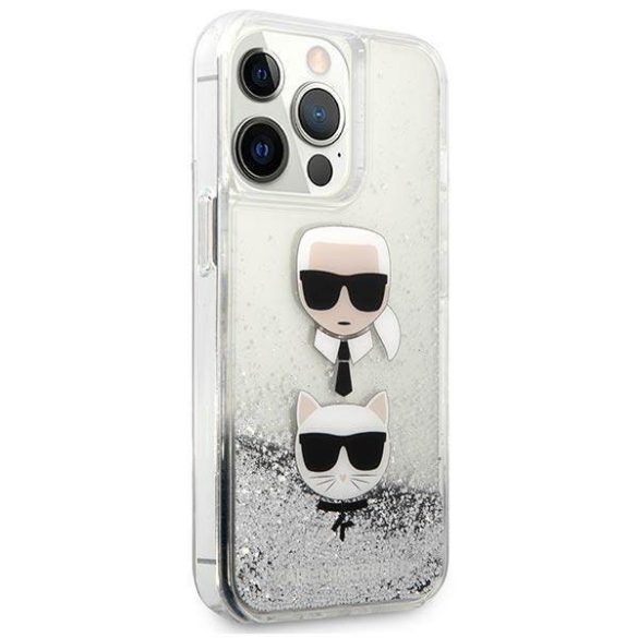 Karl Lagerfeld KLHCP13LKICGLS iPhone 13 Pro / 13 6,1" ezüst folyékony csillogó kristályos keménytok Karl&Choupette fej