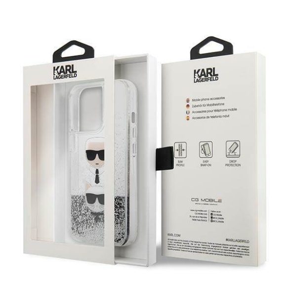 Karl Lagerfeld KLHCP13LKICGLS iPhone 13 Pro / 13 6,1" ezüst folyékony csillogó kristályos keménytok Karl&Choupette fej