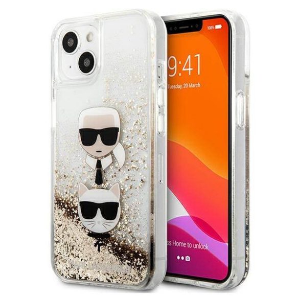 Karl Lagerfeld KLHCP13SKICGLD iPhone 13 mini 5,4" arany folyékony csillogó kristályos keménytok Karl&Choupette fej