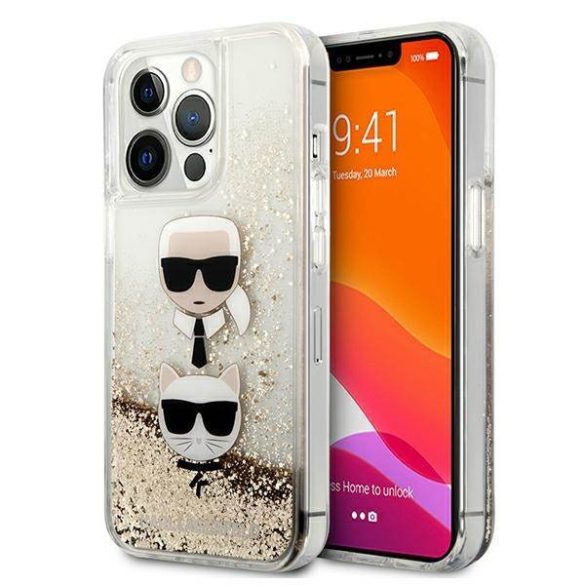 Karl Lagerfeld KLHCP13LKICGLD iPhone 13 Pro / 13 6,1" arany folyékony csillogó kristályos keménytok Karl&Choupette fej