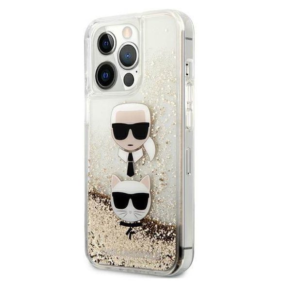 Karl Lagerfeld KLHCP13LKICGLD iPhone 13 Pro / 13 6,1" arany folyékony csillogó kristályos keménytok Karl&Choupette fej