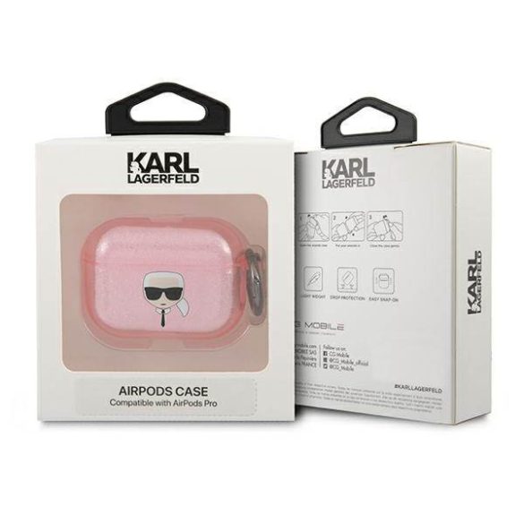 Karl Lagerfeld KLAPUKHGP AirPods Pro burkolat rózsaszín csillogós tok Karl Lagerfeld fej