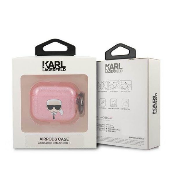 Karl Lagerfeld KLA3UKHGP AirPods 3 rózsaszín csillogós tok Karl Lagerfeld fej
