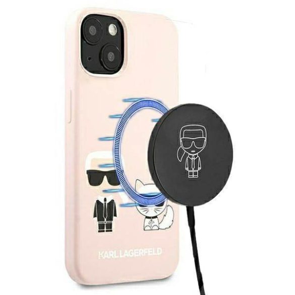 Karl Lagerfeld KLHMP13MSSKCI iPhone 13 / 14 / 15 6,1" keménytok világos rózsaszín szilikon ikonikus Karl & Choupette Magsafe