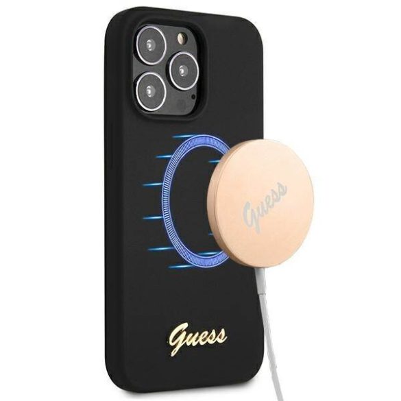 Guess GUHMP13LLSLMGBK iPhone 13 Pro / 13 6,1" fekete szilikon keménytok Script Gold Logo MagSafe