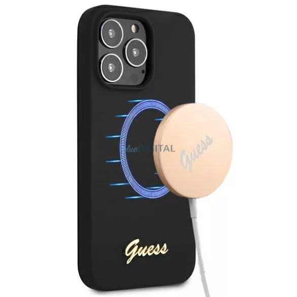 Guess GUHMP13XLSLMGBK iPhone 13 Pro Max 6,7" fekete szilikon Script Gold Logo MagSafe keménytok