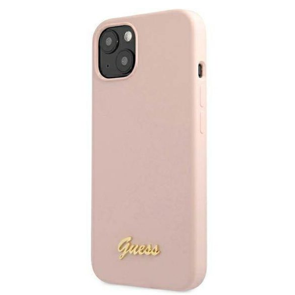 Guess GUHMP13MLSLMGLP iPhone 13 / 14 / 15 6.1" világos rózsaszín keménytok Szilikon Script arany logó Magsafe