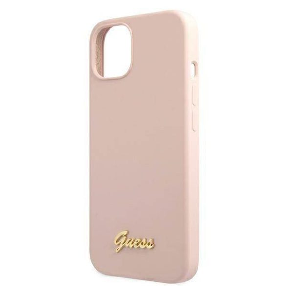 Guess GUHMP13MLSLMGLP iPhone 13 / 14 / 15 6.1" világos rózsaszín keménytok Szilikon Script arany logó Magsafe