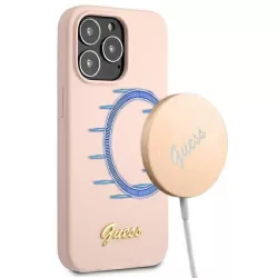   Guess GUHMP13LLSLMGLP iPhone 13 Pro / 13 6,1" világos rózsaszín szilikon keménytok Script Gold Logo Magsafe